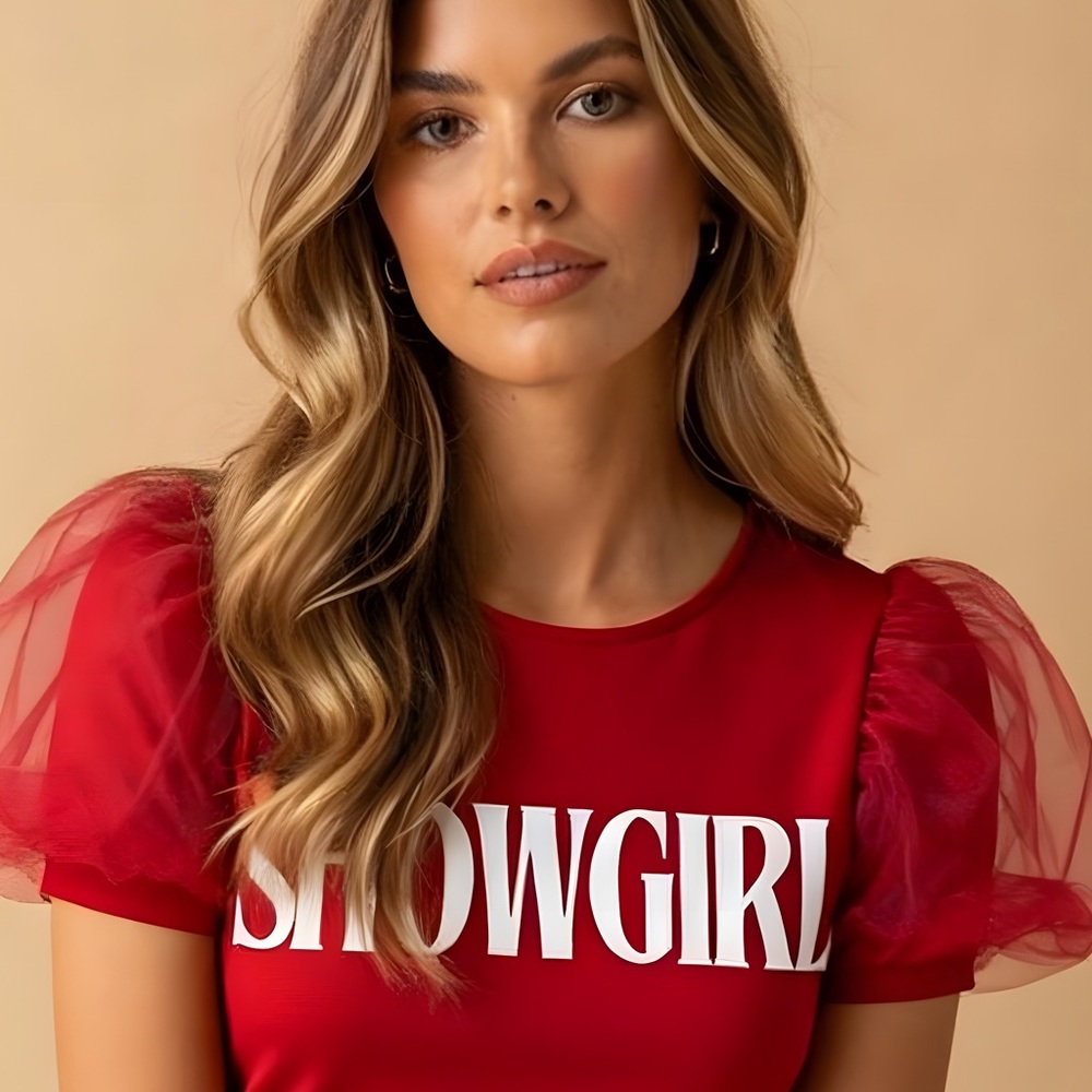 Red Showgirl Top with Puff Sleeves